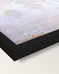 Morning Haze by Claude Monet framed print, corner close-up: black moulding, mitred, the print set just below its edge