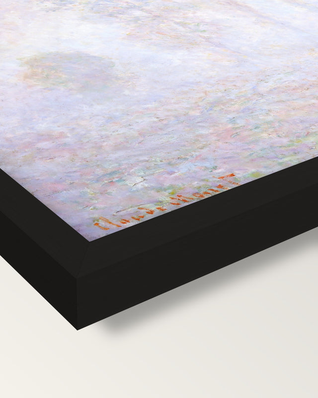 Morning Haze by Claude Monet framed print, corner close-up: black moulding, mitred, the print set just below its edge
