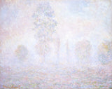 Morning Haze by Claude Monet: a line of tall trees dissolving into pale pink, blue and violet morning mist