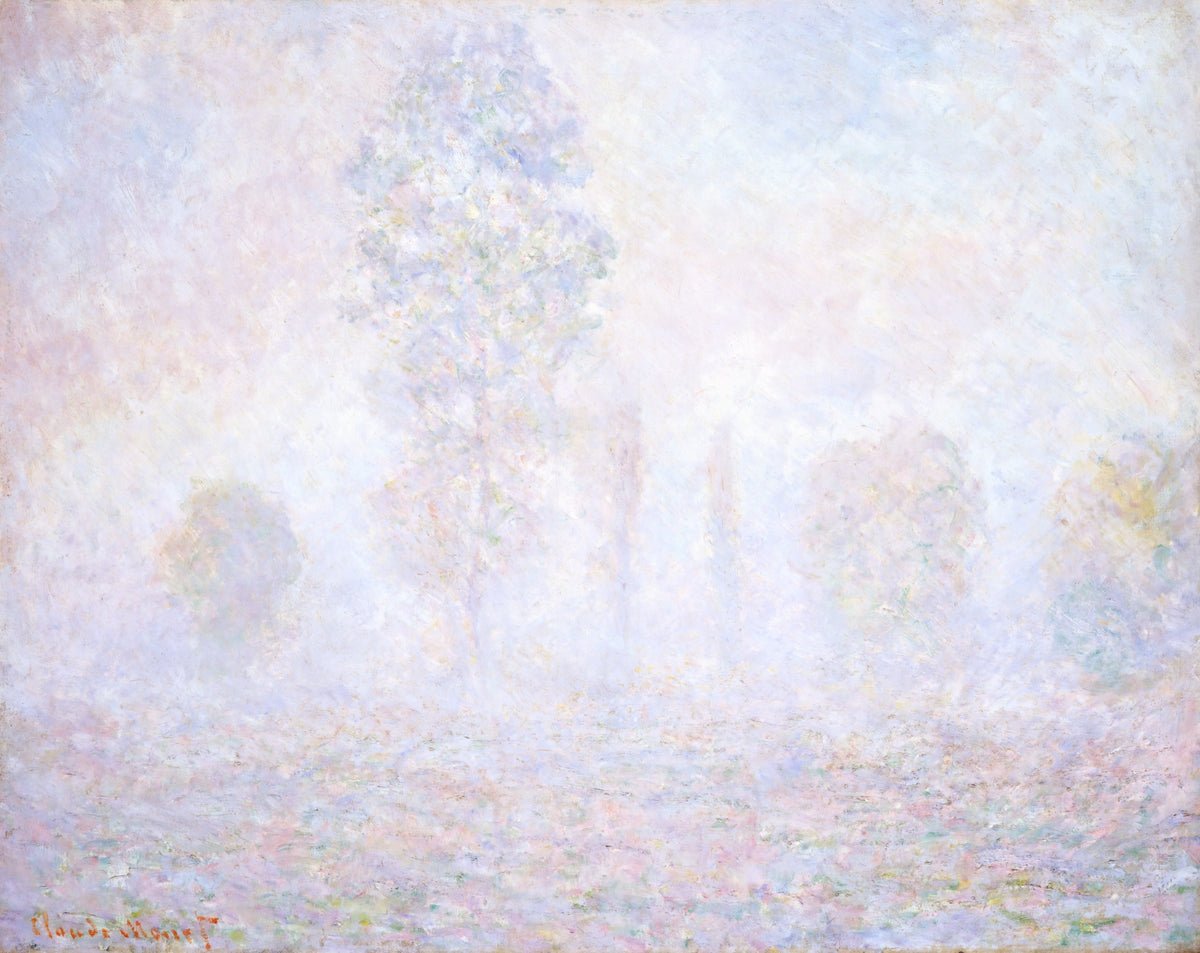 Morning Haze by Claude Monet: a line of tall trees dissolving into pale pink, blue and violet morning mist