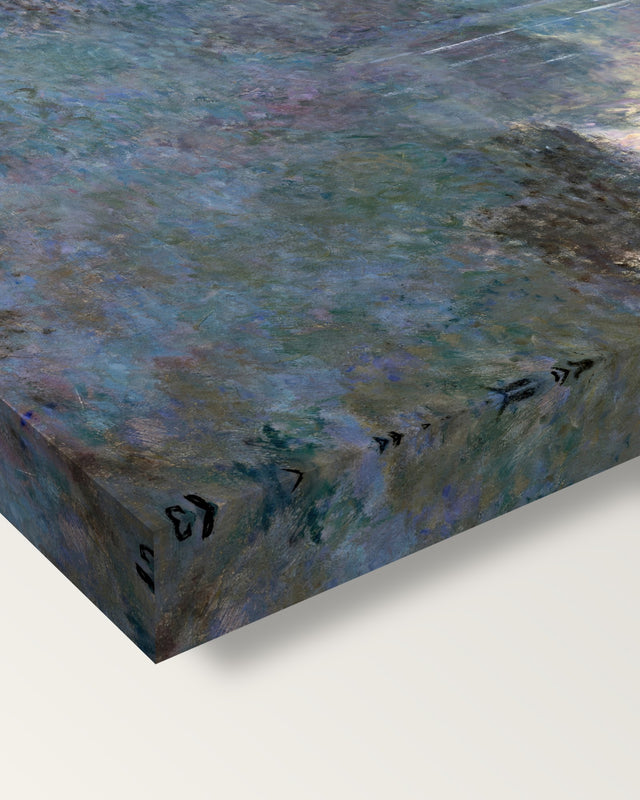Morning on the Seine by Claude Monet on stretched canvas, corner close-up: the painting mirror-wrapped round the sides