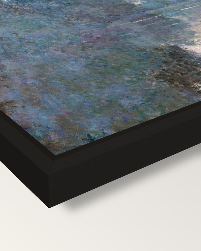 Morning on the Seine by Monet framed canvas, corner close-up: a black floating frame with a shadow gap round the canvas
