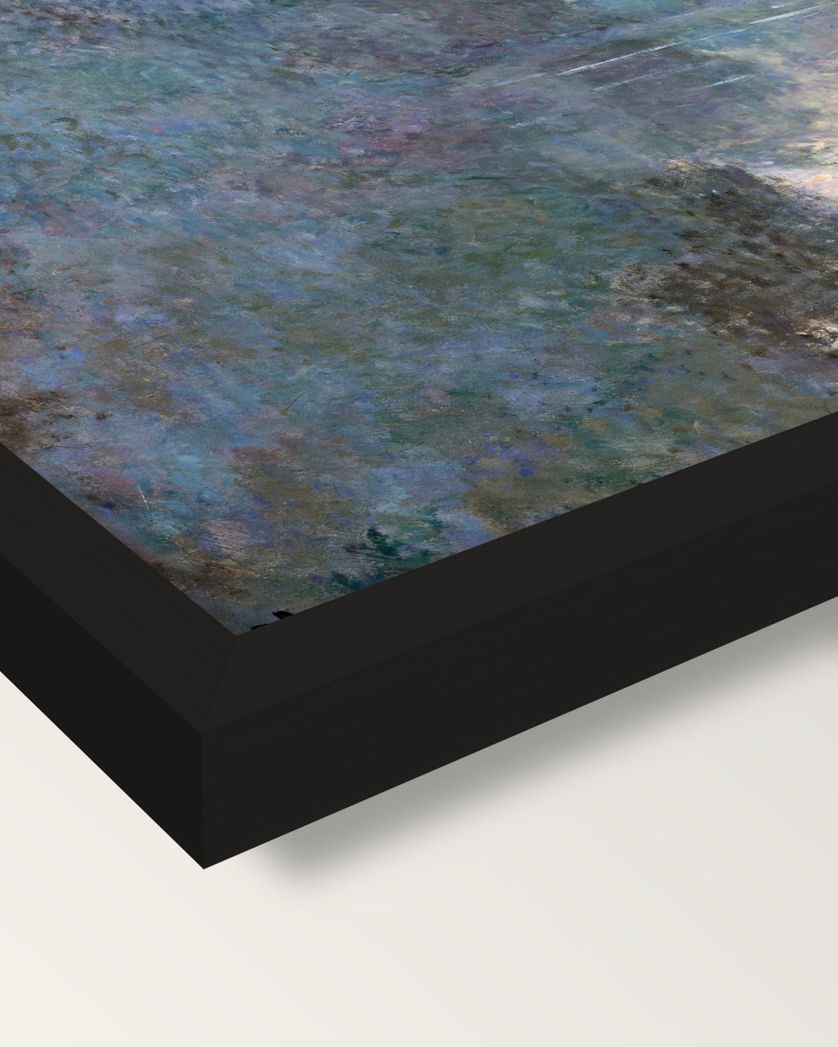 Morning on the Seine by Claude Monet framed print, corner close-up: black moulding, mitred, the print set just below its edge