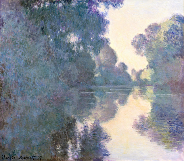 Morning on the Seine near Giverny by Claude Monet: trees mirrored in still water in soft violet, blue and green dawn mist