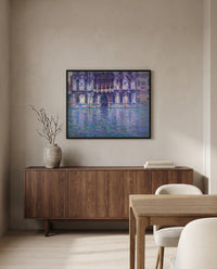 The Palazzo Contarini by Claude Monet in a black frame above a walnut sideboard in a dining room