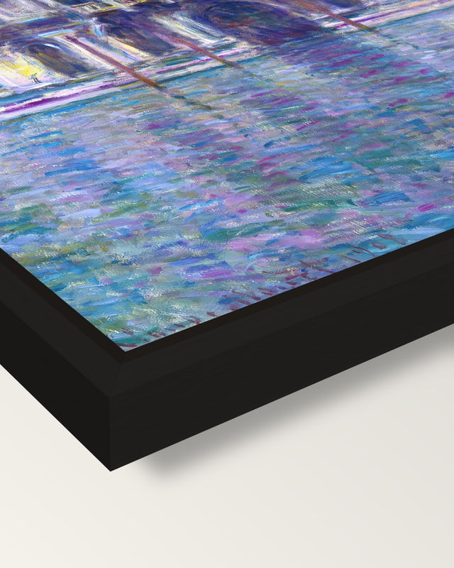 The Palazzo Contarini by Monet framed canvas, corner close-up: a black floating frame with a shadow gap round the canvas