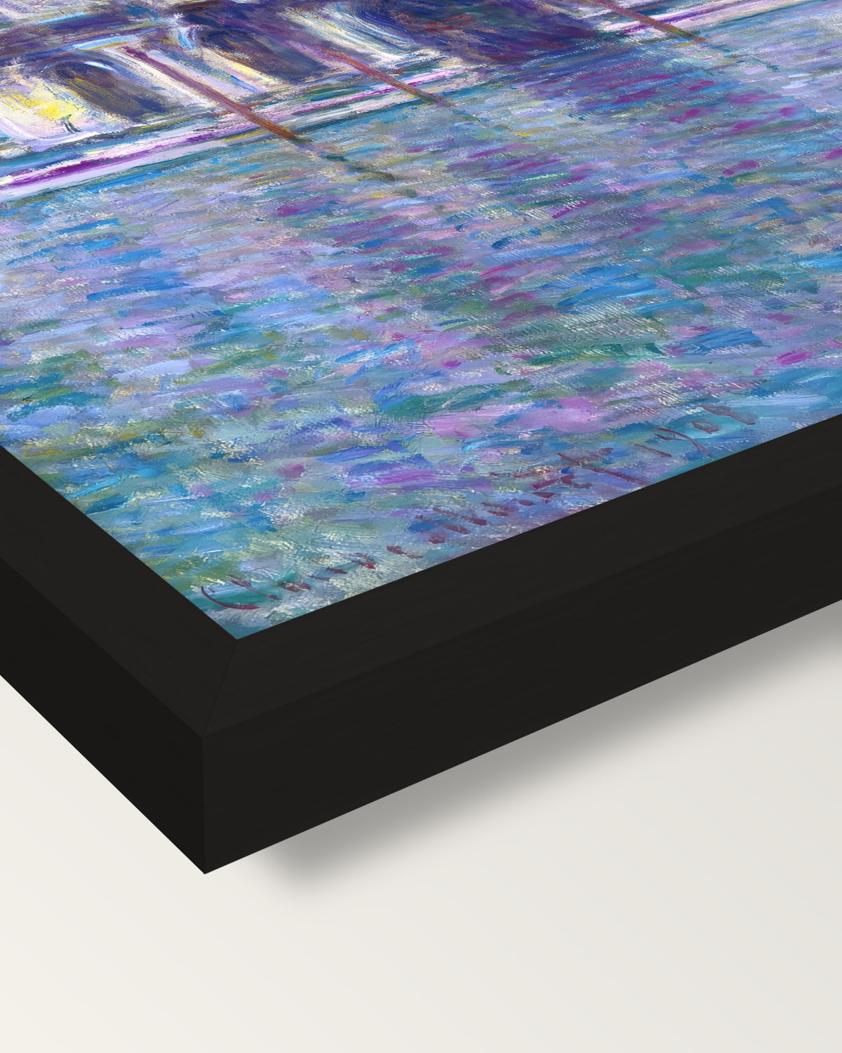 The Palazzo Contarini by Monet framed print, corner close-up: black moulding, mitred, the print set just below its edge
