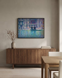 Palazzo da Mula by Claude Monet in a black frame above a walnut sideboard in a dining room