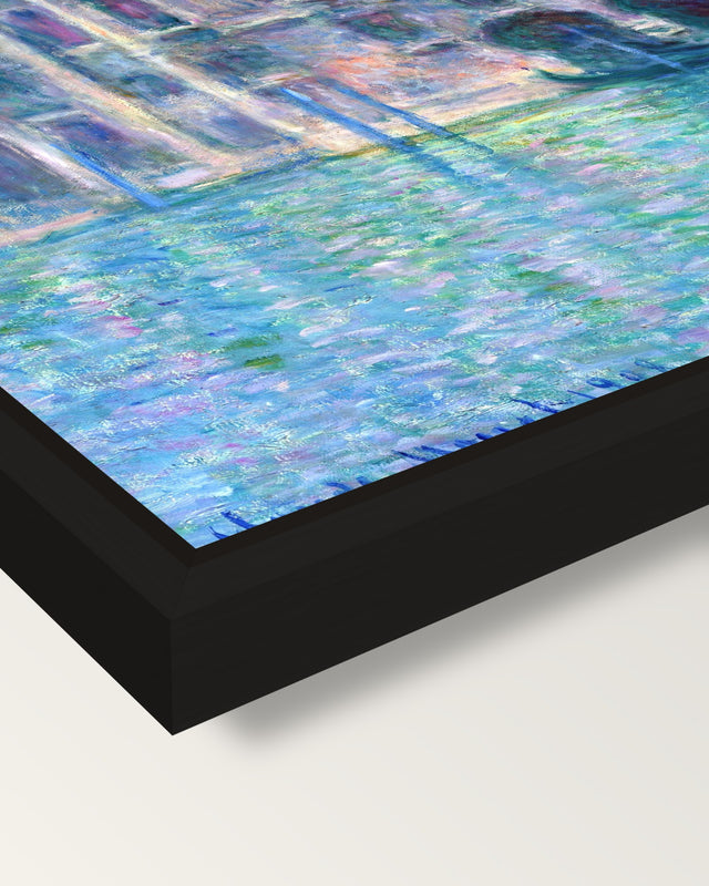 Palazzo da Mula by Claude Monet framed canvas, corner close-up: a black floating frame with a shadow gap round the canvas