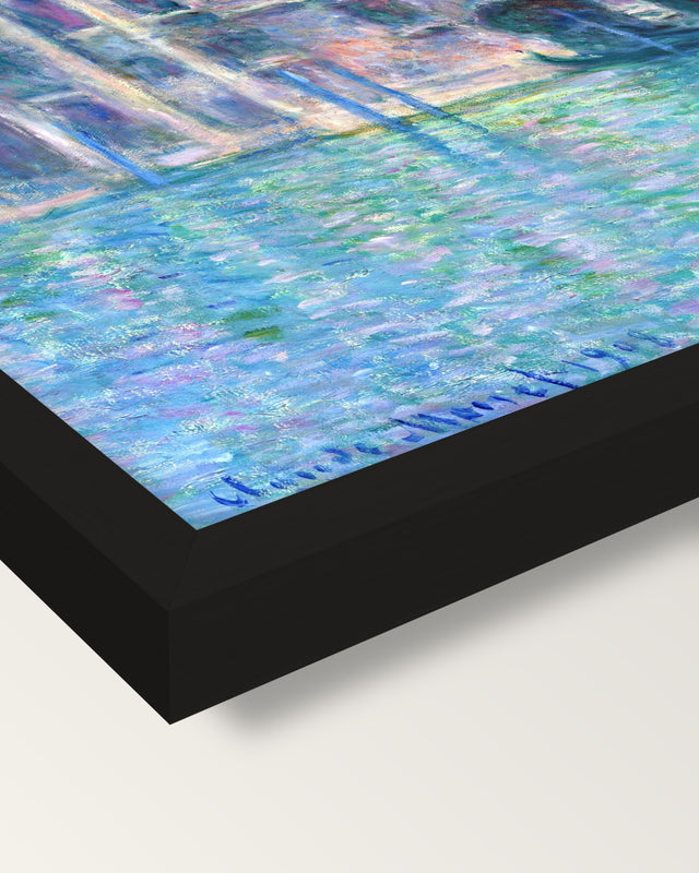 Palazzo da Mula by Claude Monet framed print, corner close-up: black moulding, mitred, the print set just below its edge