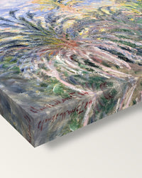 Palm Trees at Bordighera by Claude Monet on stretched canvas, corner close-up: the painting mirror-wrapped round the sides