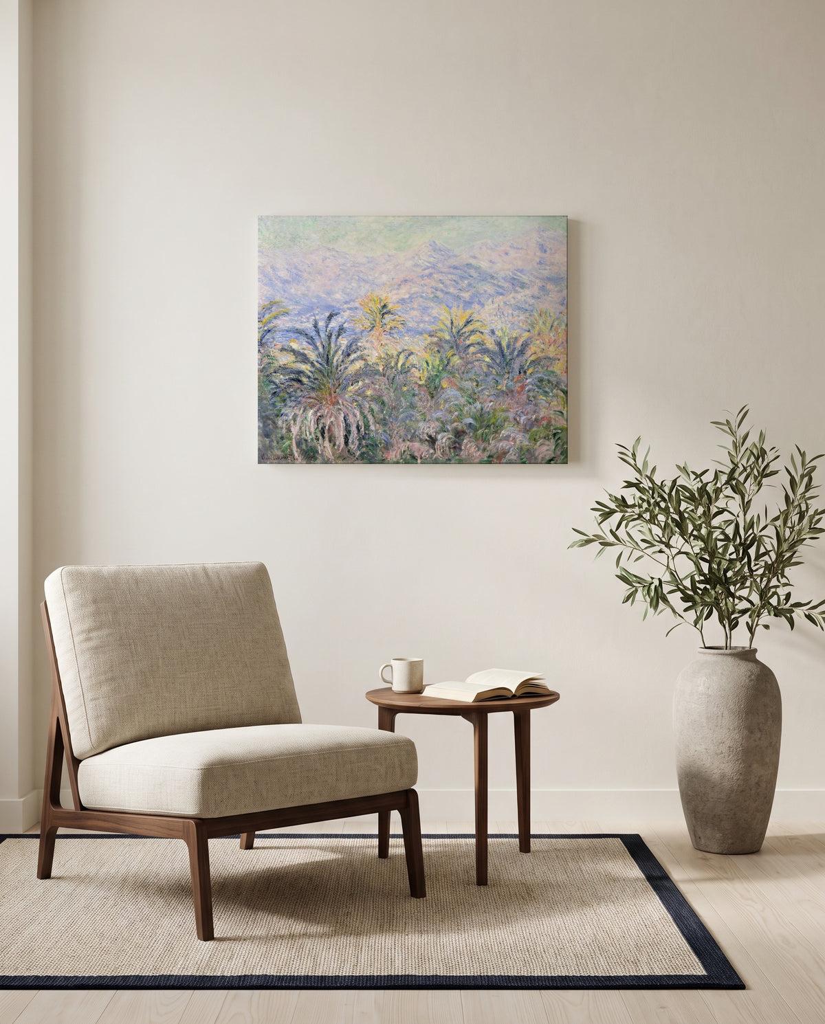 Palm Trees at Bordighera by Claude Monet as a stretched canvas above a linen lounge chair in a reading corner