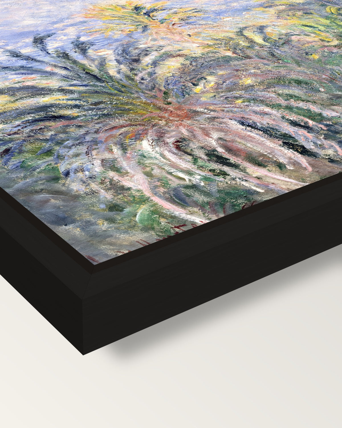 Palm Trees at Bordighera by Monet framed canvas, corner close-up: a black floating frame with a shadow gap round the canvas