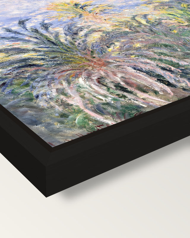 Palm Trees at Bordighera by Monet framed canvas, corner close-up: a black floating frame with a shadow gap round the canvas
