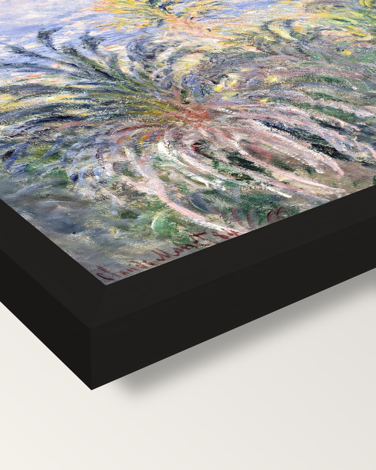 Palm Trees at Bordighera by Monet framed print, corner close-up: black moulding, mitred, the print set just below its edge