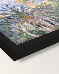 Palm Trees at Bordighera by Monet framed print, corner close-up: black moulding, mitred, the print set just below its edge