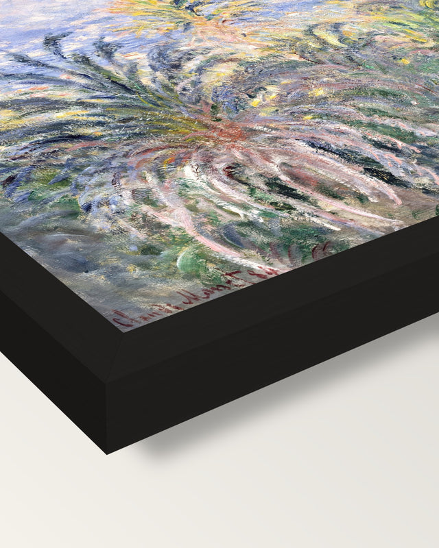Palm Trees at Bordighera by Monet framed print, corner close-up: black moulding, mitred, the print set just below its edge