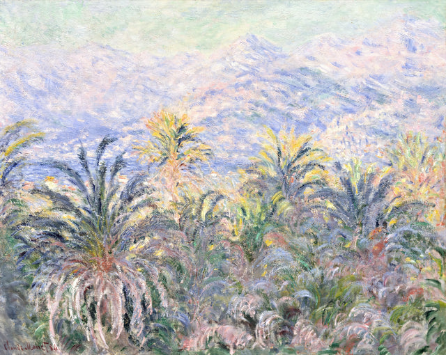 Palm Trees at Bordighera by Claude Monet: green palm trees in a lush garden with blue and lilac mountains behind