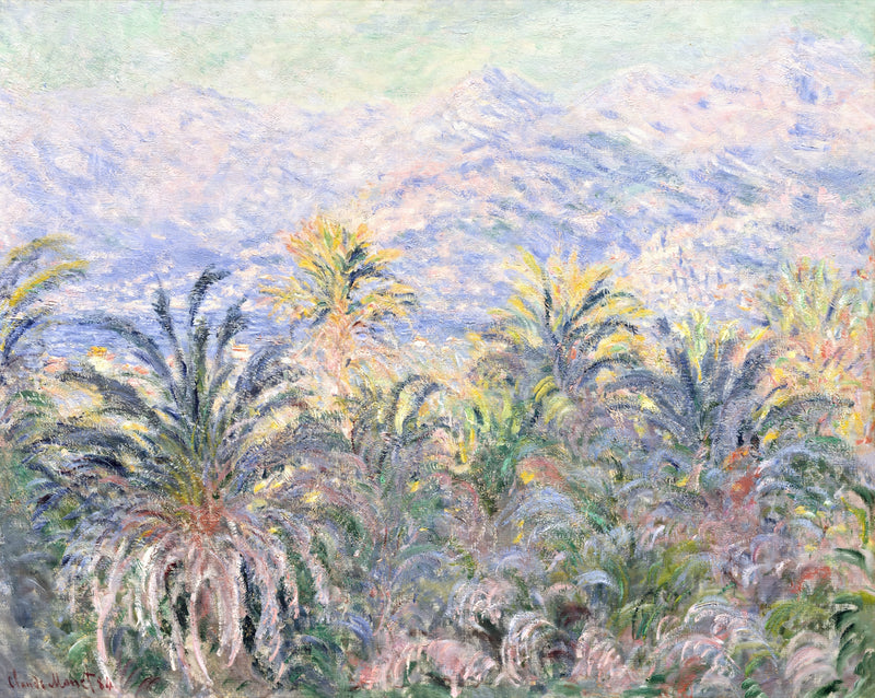 Palm Trees at Bordighera by Claude Monet: green palm trees in a lush garden with blue and lilac mountains behind