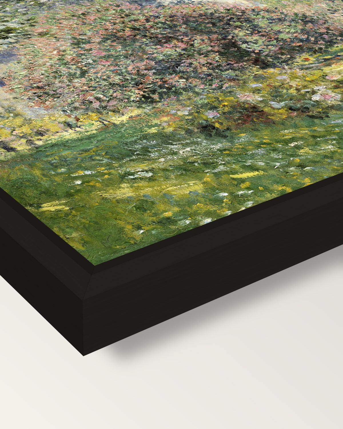 Landscape: The Parc Monceau framed canvas, corner close-up: a black floating frame with a shadow gap round the canvas