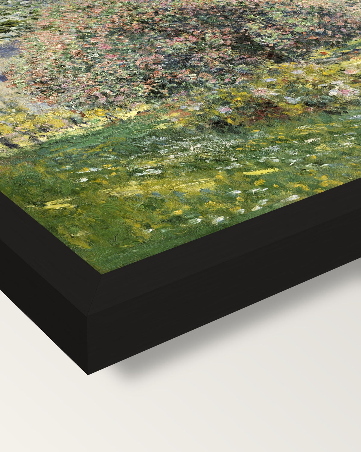 Landscape: The Parc Monceau by Monet framed print, corner close-up: black moulding, mitred, the print set just below its edge