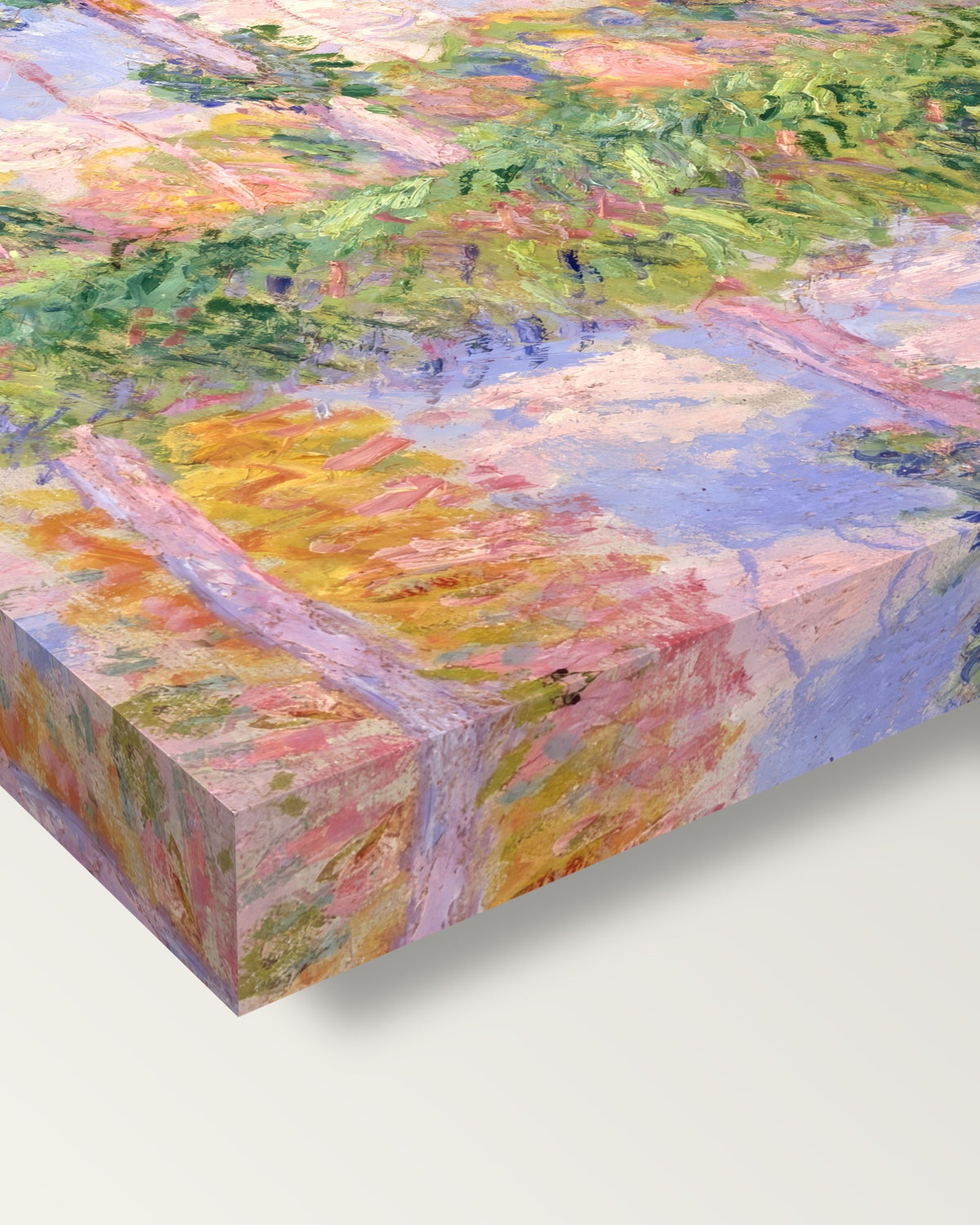 Poplars in the Sun by Claude Monet on stretched canvas, corner close-up: the painting mirror-wrapped round the sides