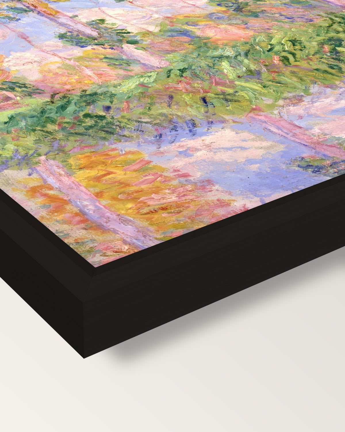 Poplars in the Sun by Claude Monet framed canvas, corner close-up: a black floating frame with a shadow gap round the canvas