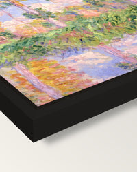 Poplars in the Sun by Claude Monet framed canvas, corner close-up: a black floating frame with a shadow gap round the canvas