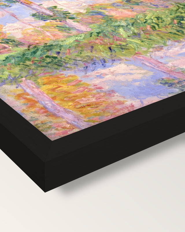 Poplars in the Sun by Claude Monet framed print, corner close-up: black moulding, mitred, the print set just below its edge