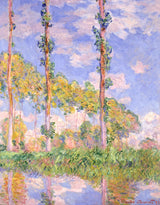 Poplars in the Sun by Claude Monet: three tall slender poplars against a blue and lilac sky, golden leaves