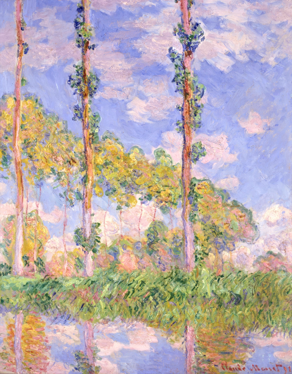Poplars in the Sun by Claude Monet: three tall slender poplars against a blue and lilac sky, golden leaves