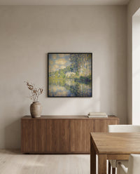 Poplars on the Epte by Claude Monet in a black frame above a walnut sideboard in a dining room