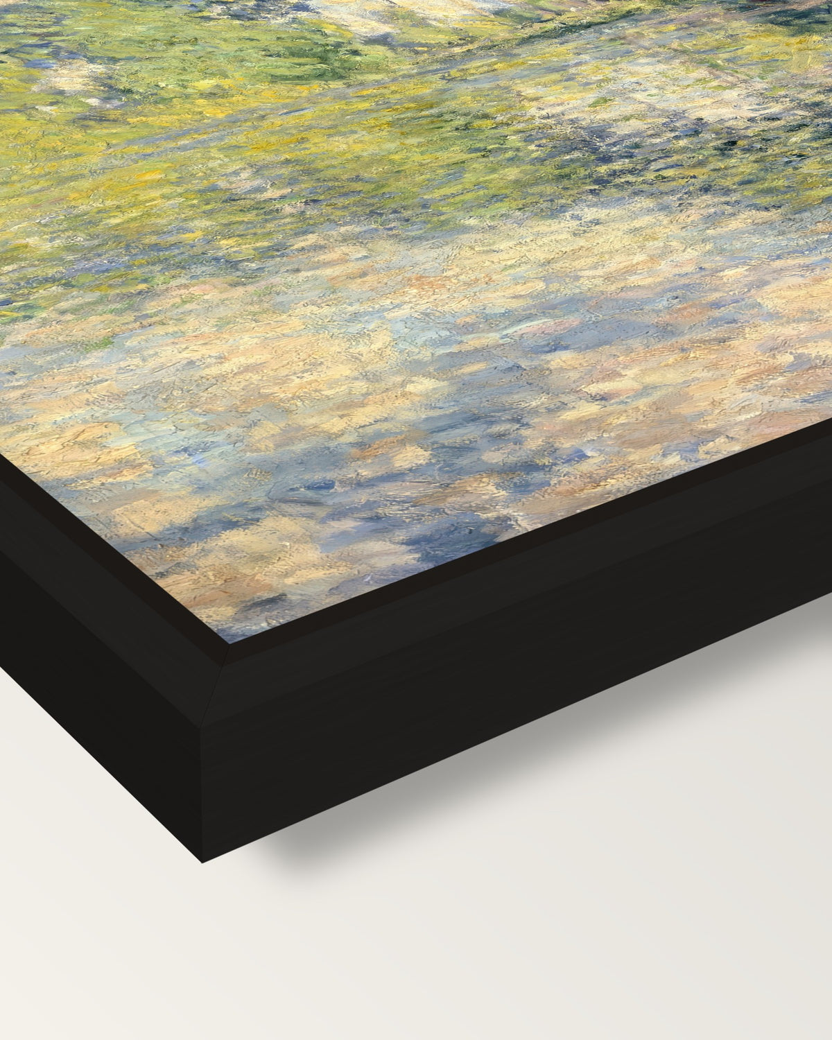 Poplars on the Epte by Claude Monet framed canvas, corner close-up: a black floating frame with a shadow gap round the canvas