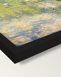 Poplars on the Epte by Claude Monet framed print, corner close-up: black moulding, mitred, the print set just below its edge