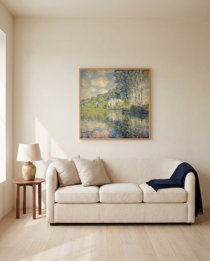 Poplars on the Epte by Claude Monet framed in natural oak above a cream sofa in a warm living room