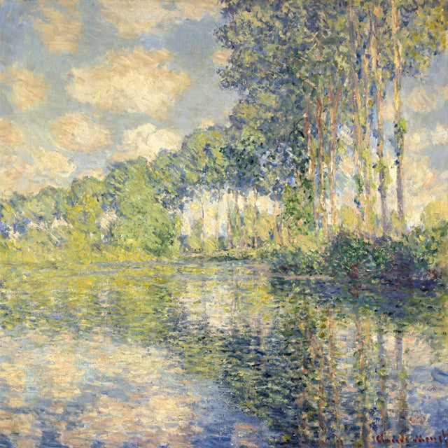Poplars on the Epte by Claude Monet: tall slender poplars along a river under a blue and white sky, mirrored