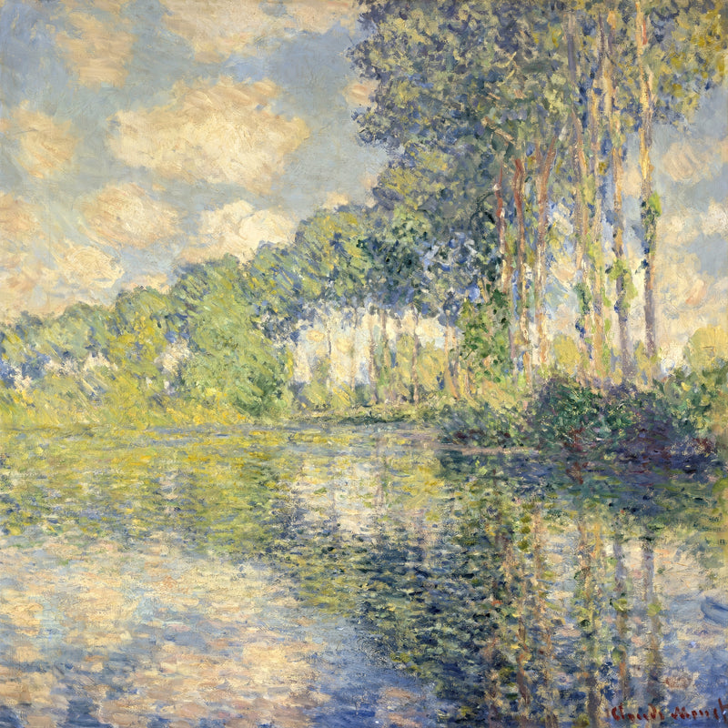 Poplars on the Epte by Claude Monet: tall slender poplars along a river under a blue and white sky, mirrored