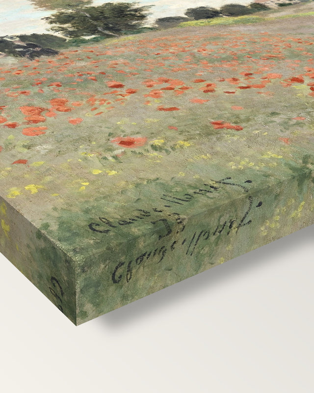 Poppies by Claude Monet on stretched canvas, corner close-up: the painting mirror-wrapped round the sides