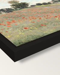Poppies by Claude Monet framed canvas, corner close-up: a black floating frame with a shadow gap round the canvas