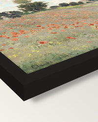 Poppies by Claude Monet framed print, corner close-up: black moulding, mitred, the print set just below its edge