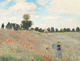 Poppies by Claude Monet: red poppies on a grassy hillside, a woman with a parasol and a child, trees and a house beyond