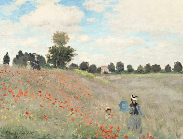 Poppies by Claude Monet: red poppies on a grassy hillside, a woman with a parasol and a child, trees and a house beyond