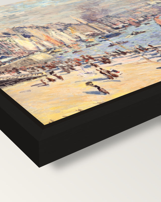 Port of Le Havre by Claude Monet framed canvas, corner close-up: a black floating frame with a shadow gap round the canvas