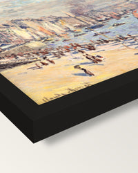 Port of Le Havre by Claude Monet framed print, corner close-up: black moulding, mitred, the print set just below its edge