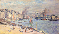 Port of Le Havre by Claude Monet: a busy harbour with sailing ships, steamers and smoke beside a quay lined with tall houses
