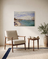 Regatta at Sainte-Adresse by Claude Monet as a stretched canvas above a linen lounge chair in a reading corner