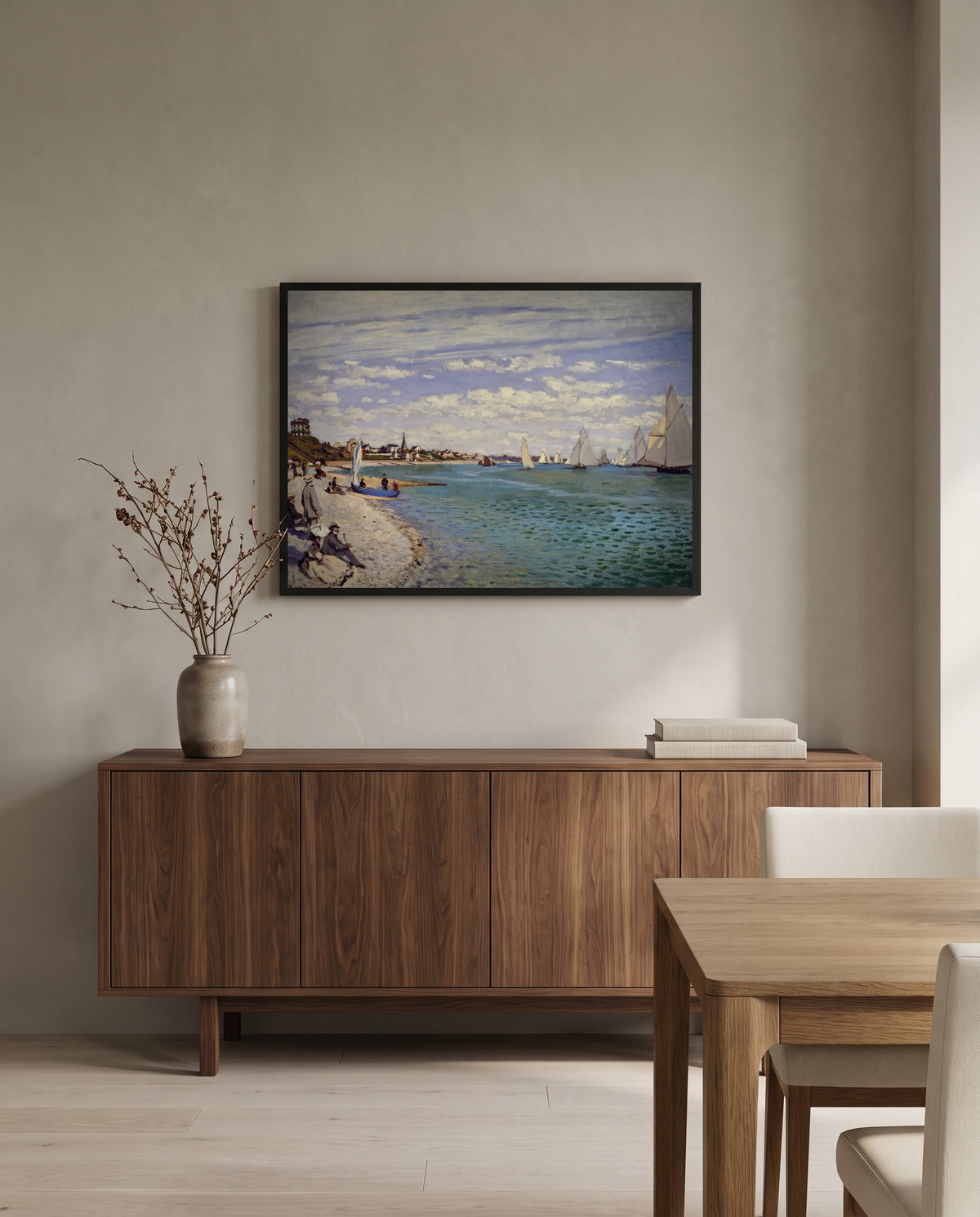 Regatta at Sainte-Adresse by Claude Monet in a black frame above a walnut sideboard in a dining room