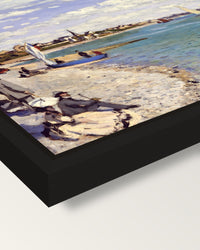 Regatta at Sainte-Adresse by Monet framed canvas, corner close-up: a black floating frame with a shadow gap round the canvas