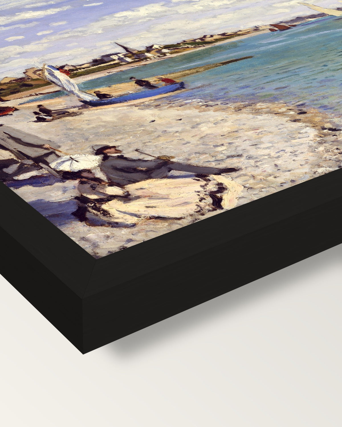 Regatta at Sainte-Adresse by Monet framed print, corner close-up: black moulding, mitred, the print set just below its edge