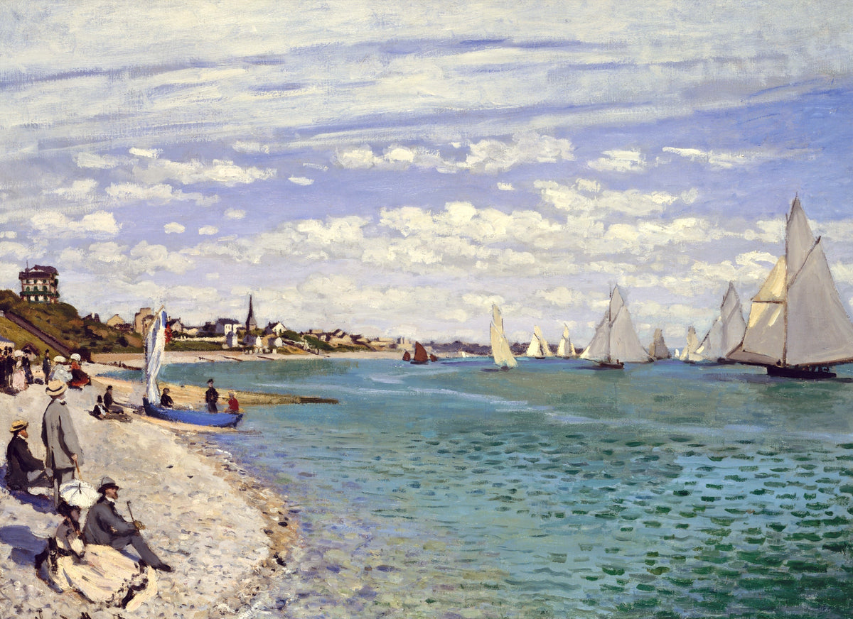 Regatta at Sainte-Adresse by Claude Monet: white sailboats racing on a green sea past a beach of people, cloudy blue sky
